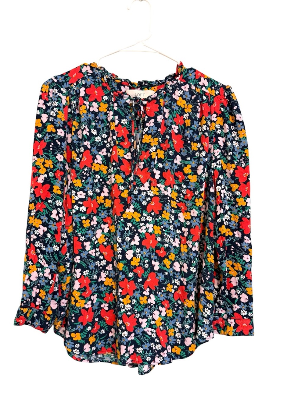 2/$30 LOFT Floral Tie Neck Blouse Size M Navy Red Yellow Long Sleeve Top